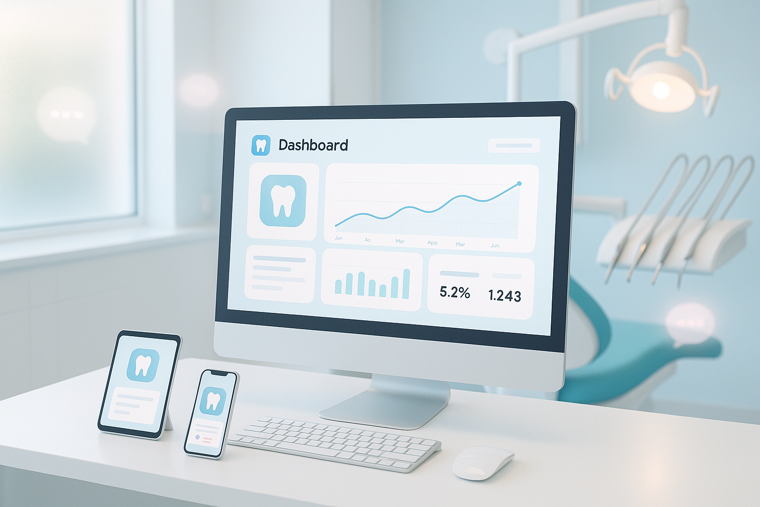 Bright dental clinic treatment room with digital dashboard, devices, and soft glowing speech bubbles.