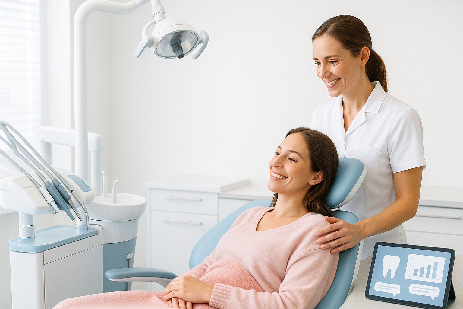 Bright dental professional consulting smiling patient in modern, well-lit clinic with digital dashboard.