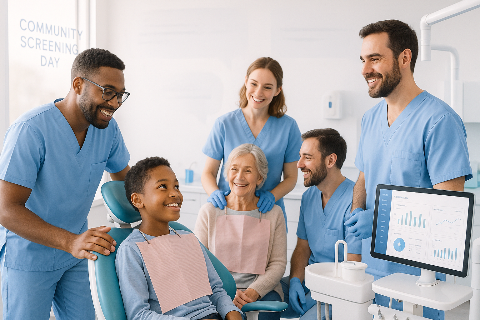 Dental professionals and patients interacting in a bright, modern clinic during a community screening event.