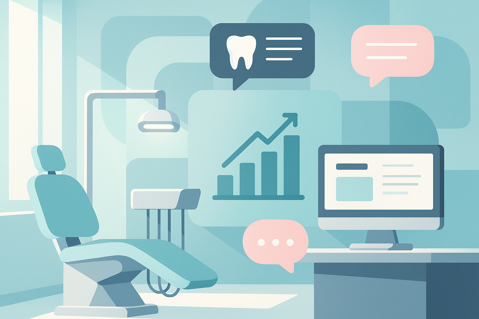 Modern dental clinic and digital workspace illustration with abstract shapes and calming colors.