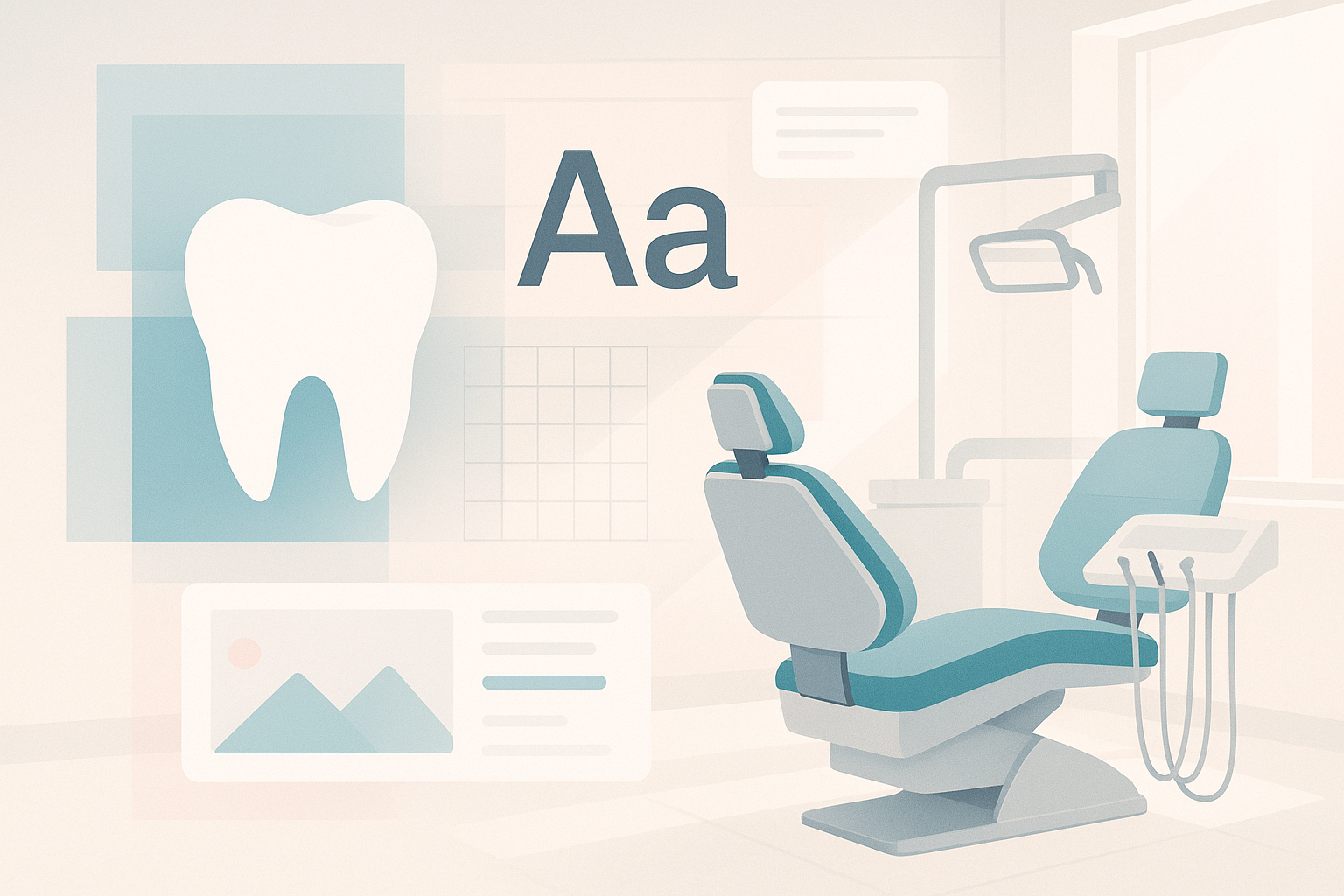 Modern dental clinic illustration with abstract color blocks, typographic shapes, and sleek digital overlays.