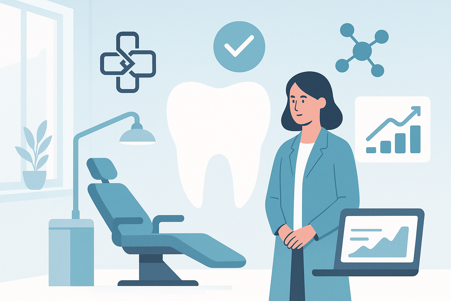 Modern dental clinic illustration with abstract symbols of trust, precision, and growth in calming colors.