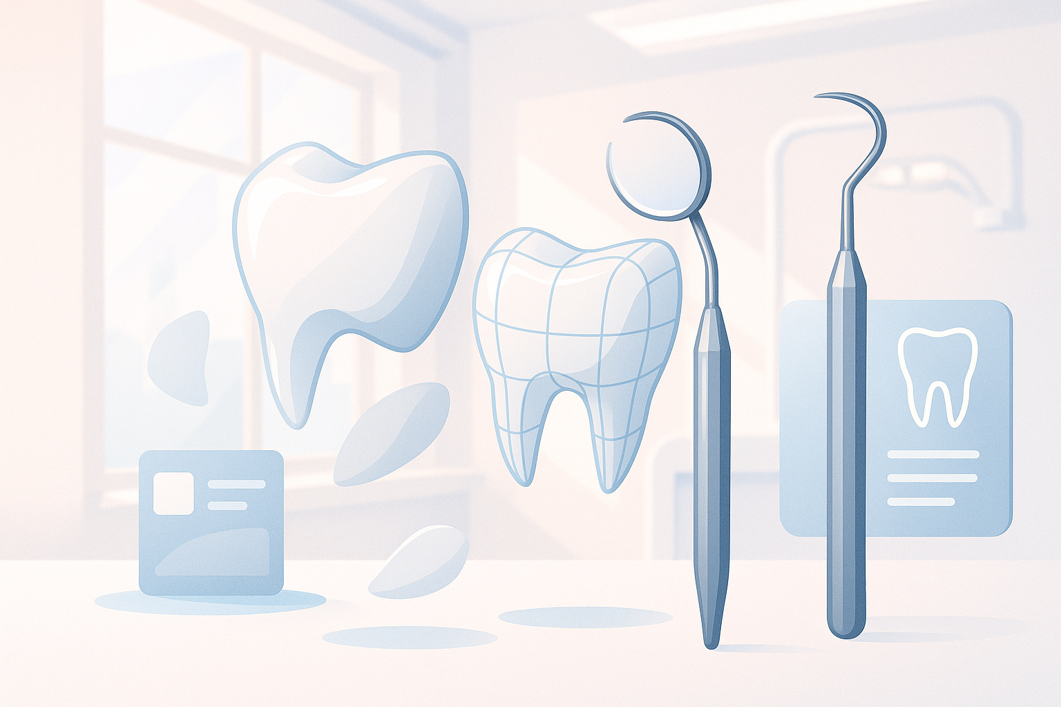 Modern dental clinic illustration with ceramic shards, digital wireframes, and sleek tools.