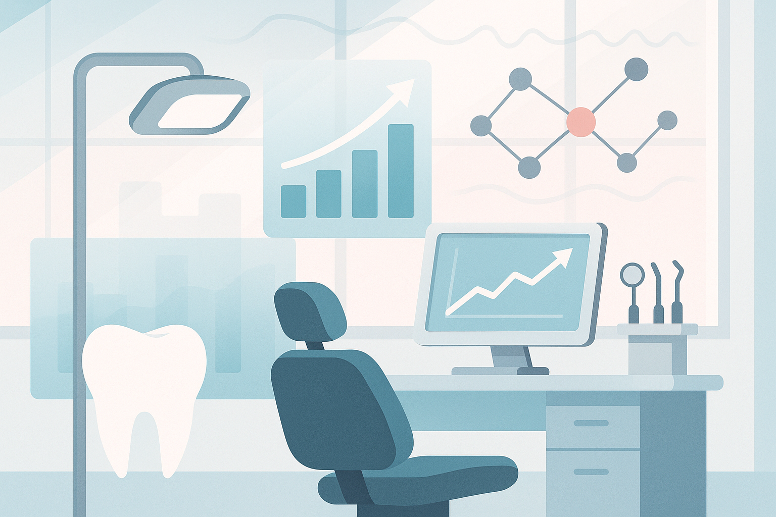 Modern dental clinic illustration with charts, nodes, and wave patterns in clinical tones.