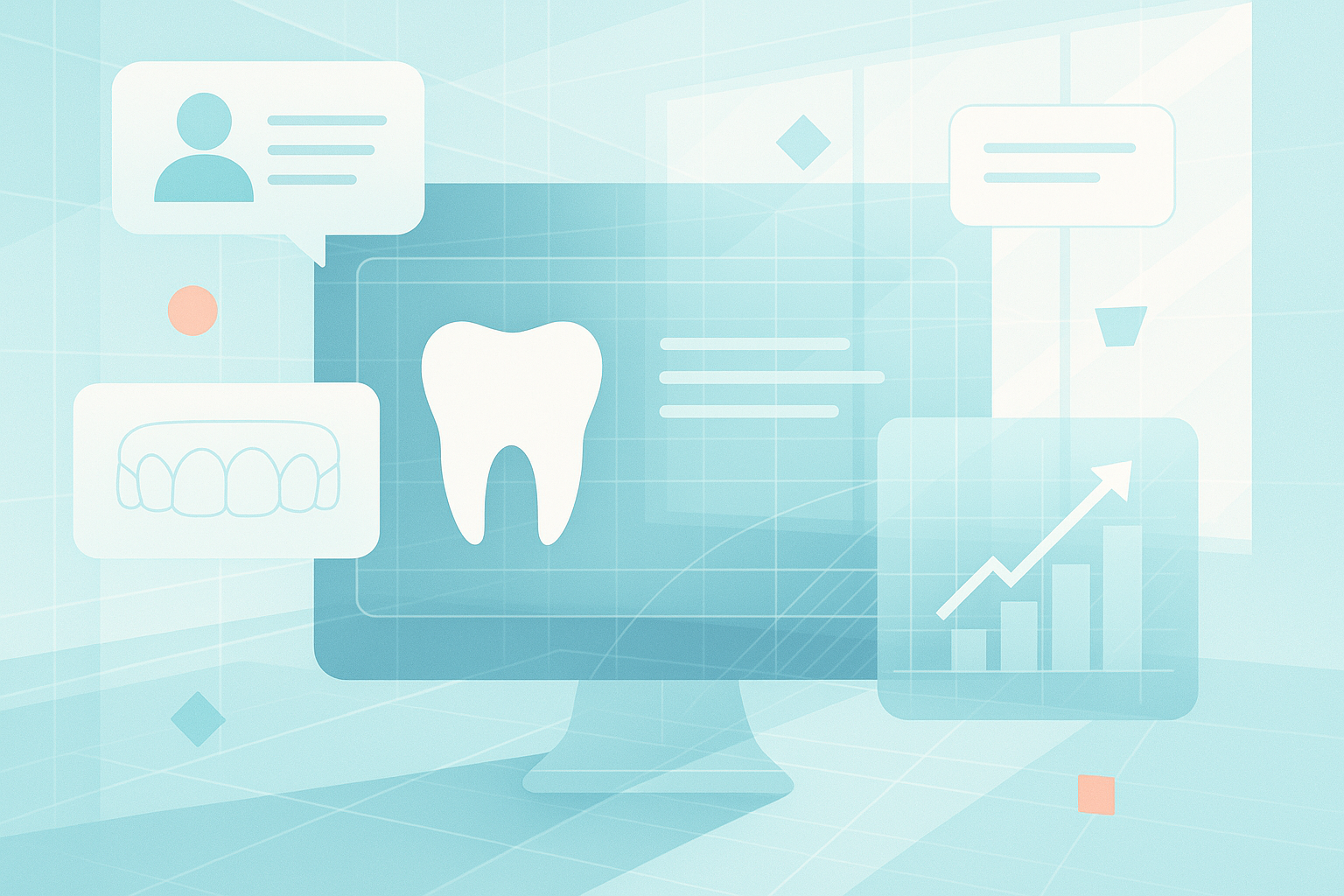 Modern dental clinic illustration with digital grids, geometric shapes, and testimonial bubbles.