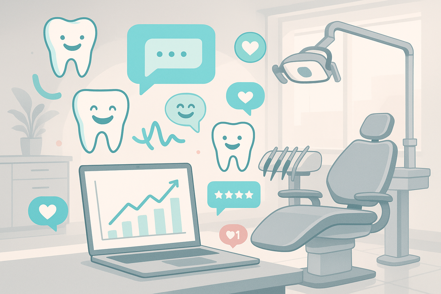 Modern dental clinic illustration with digital workspace, growth charts, testimonial bubbles, and icons.