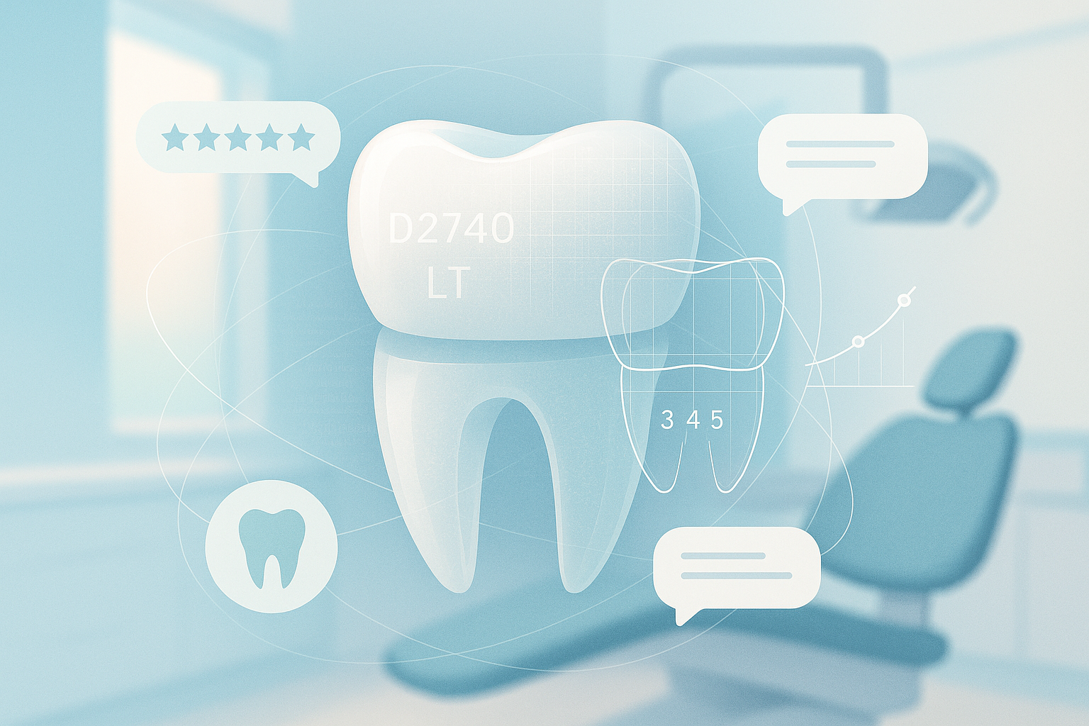 Modern dental clinic illustration with enamel textures, digital codes, testimonial bubbles, and growth lines.