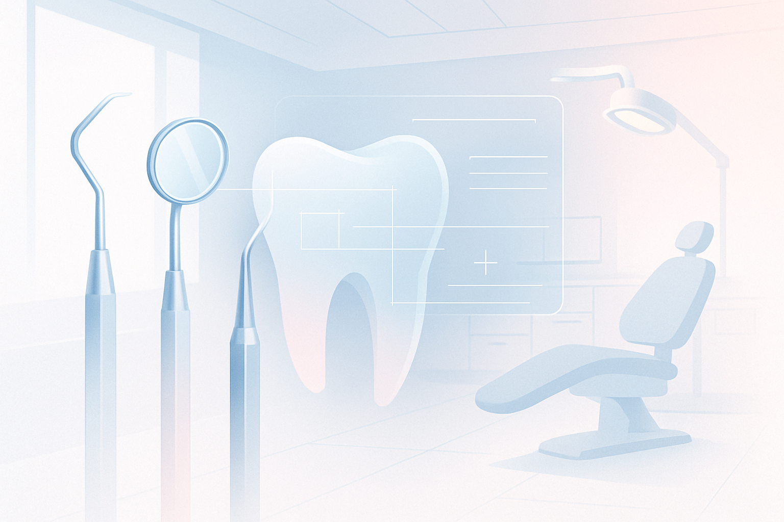 Modern dental clinic illustration with geometric tools, soft lighting, and <a href=