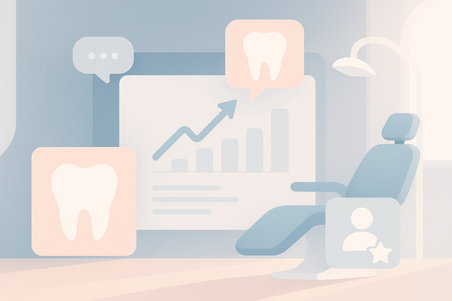 Modern dental clinic illustration with growth charts, testimonial bubbles, and minimalist icons in bright, calming tones.