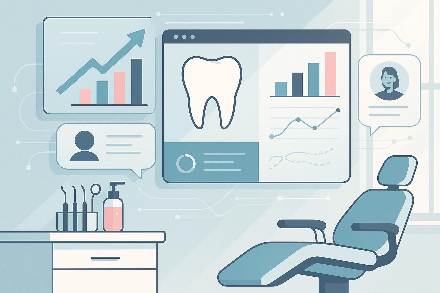 Modern dental clinic illustration with growth charts, digital dashboards, and data streams in bright, clinical colors.