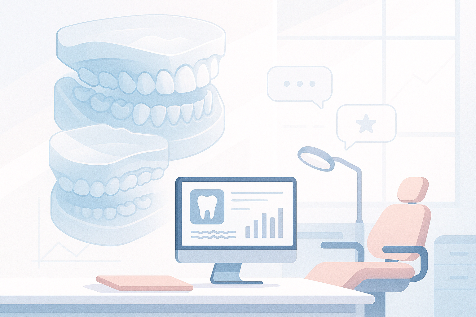 Modern dental clinic illustration with impressions, digital workspace, growth charts, and testimonial bubbles.
