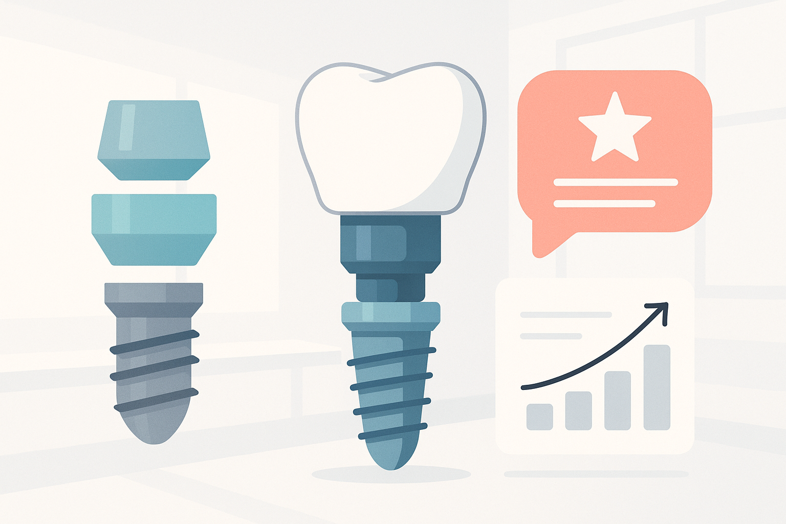 Modern dental clinic illustration with layered implant shapes, testimonial bubbles, and growth charts.