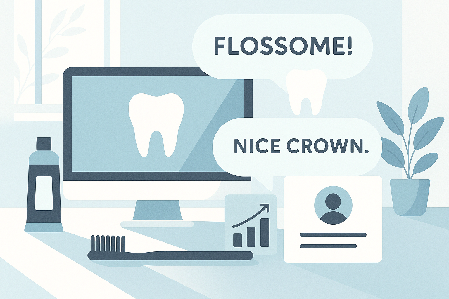 Modern dental clinic illustration with speech bubbles, growth charts, and testimonial icons in bright, inviting colors.