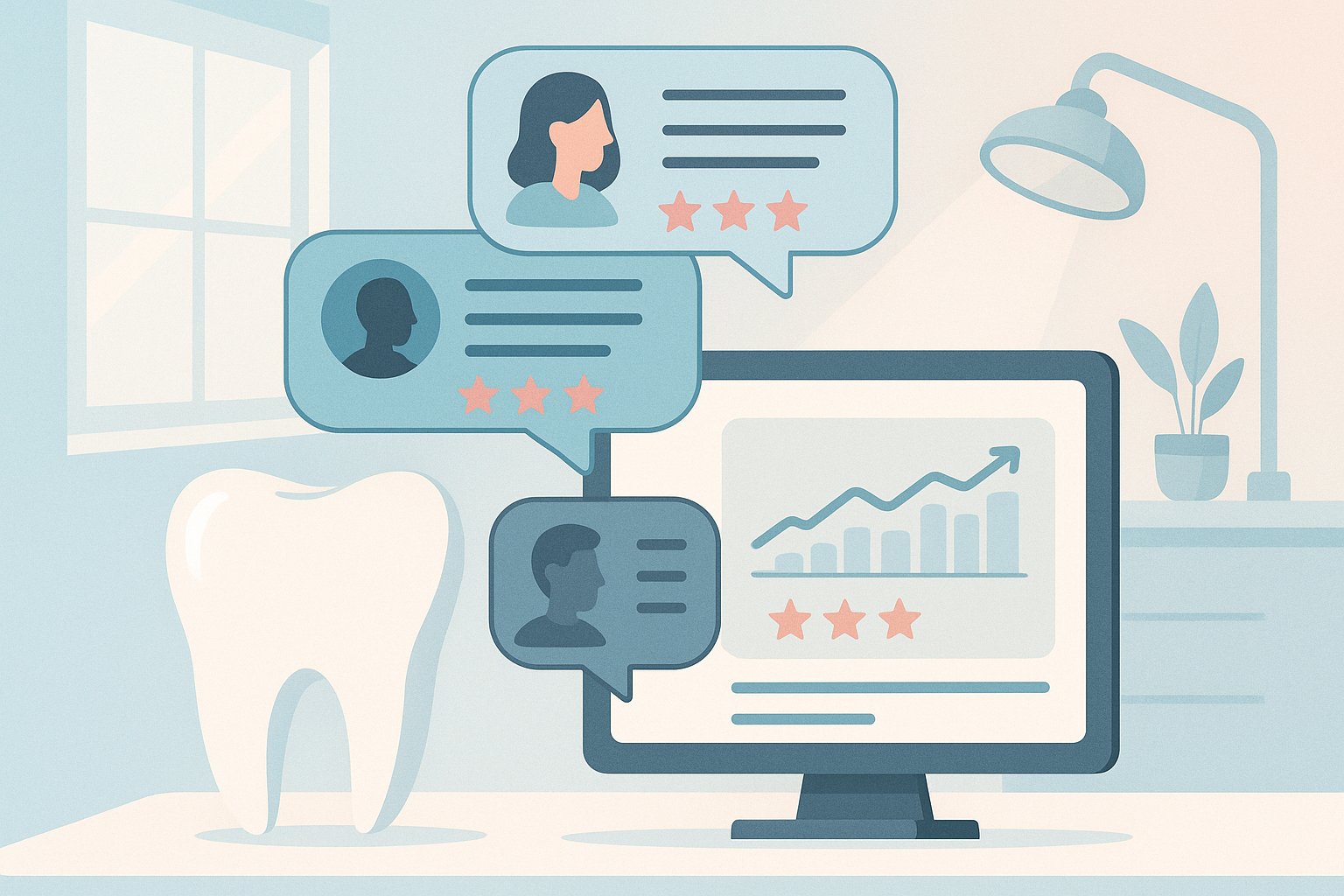 Modern dental clinic illustration with testimonial bubbles, digital dashboard, and growth charts.