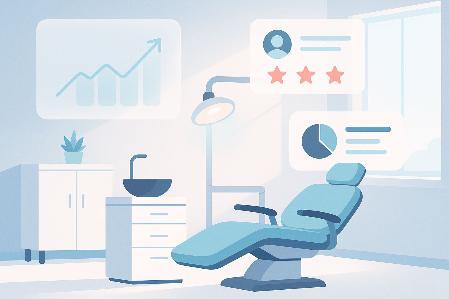 Modern dental clinic interior with digital dashboards, growth charts, and testimonial bubbles.
