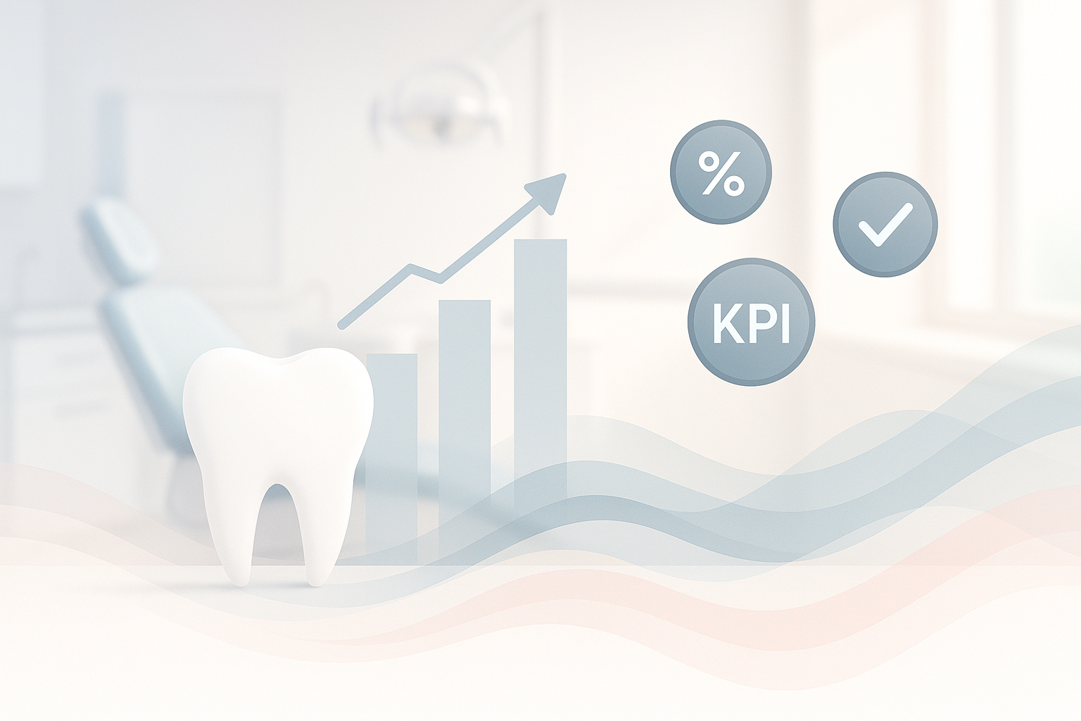 Modern dental clinic or dashboard with growth charts, KPI icons, and data waves in bright, inviting light.
