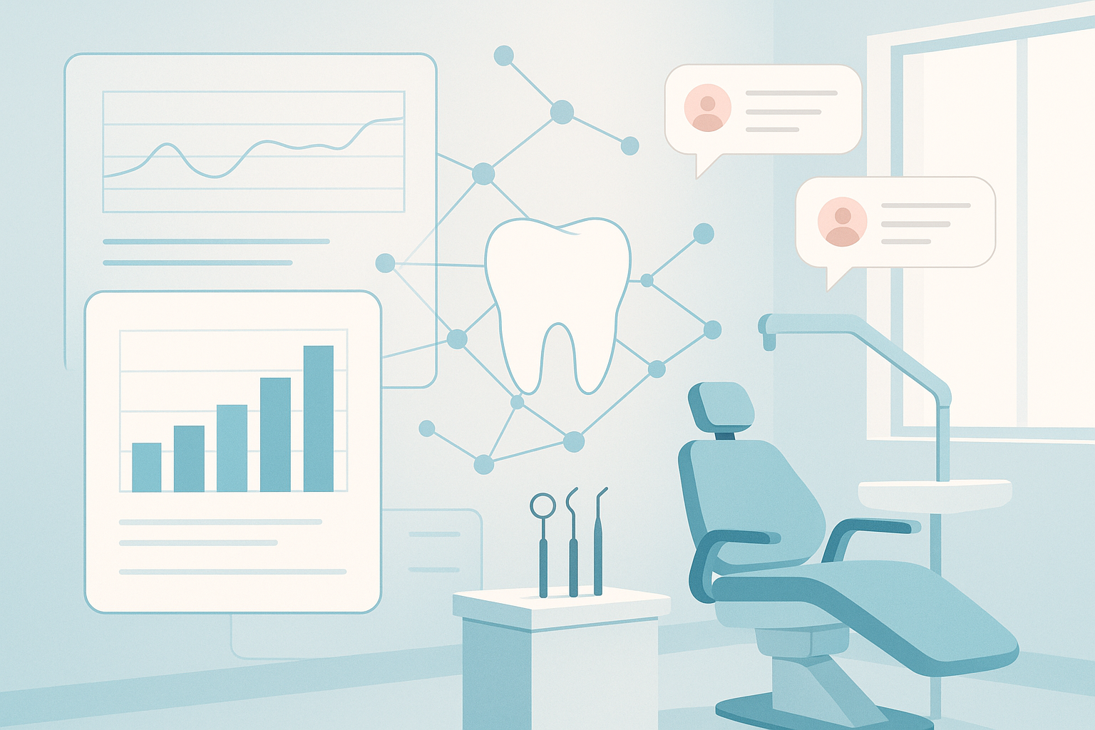 Modern dental clinic scene with digital charts, interconnected nodes, testimonial bubbles, and sleek tools.