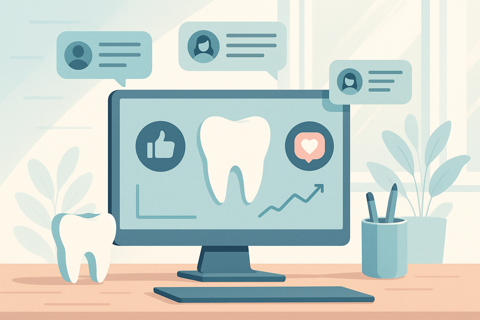 Modern dental clinic scene with digital workspace, social icons, testimonials, and growth charts.