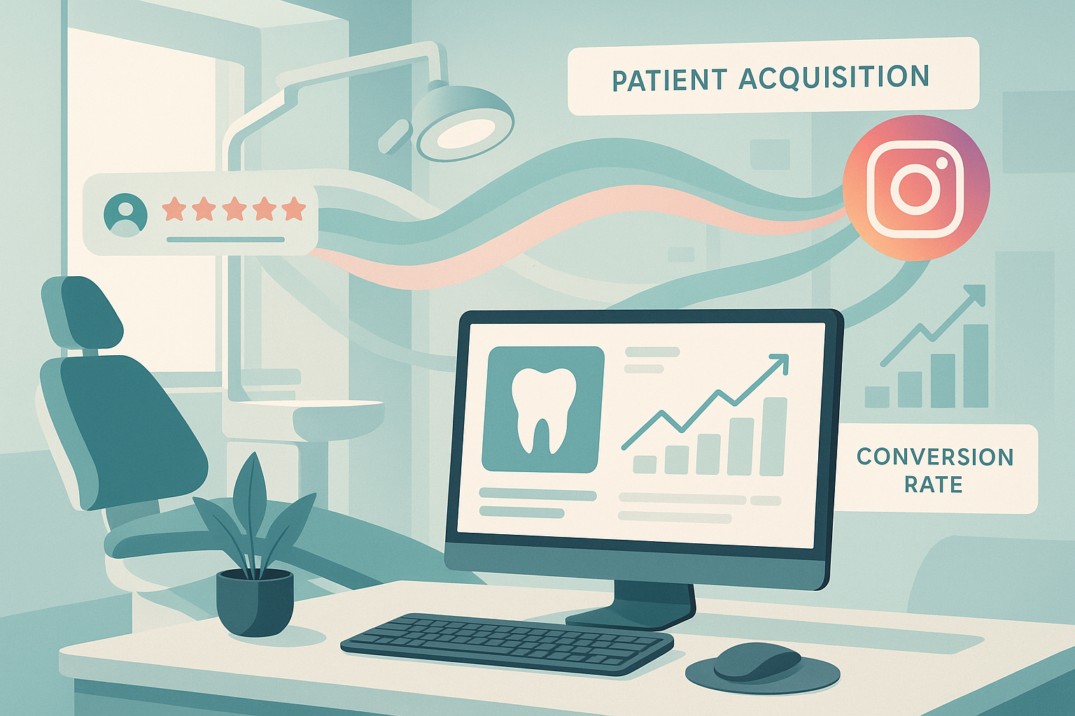 Modern dental clinic treatment room with data streams, growth charts, and testimonial bubbles.