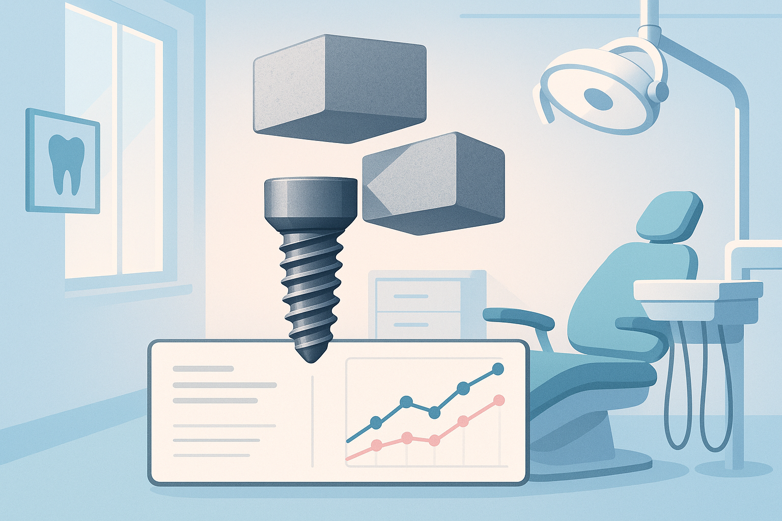 Modern dental clinic with abstract cement and screw shapes over a digital growth dashboard.