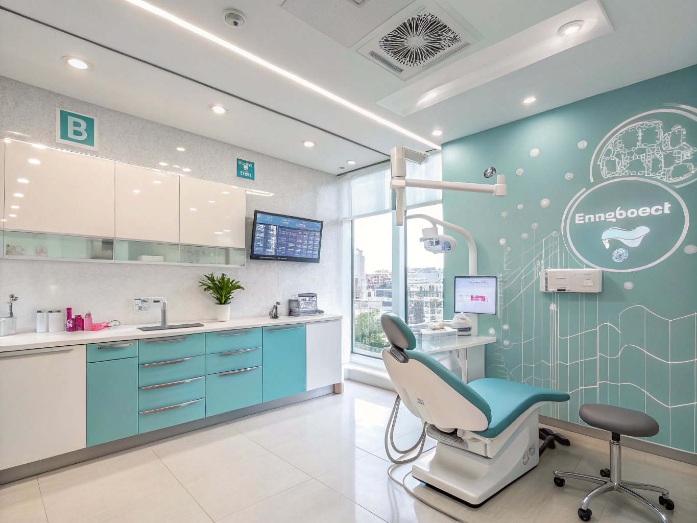 Modern dental clinic with digital charts, testimonial bubbles, and city map overlays.