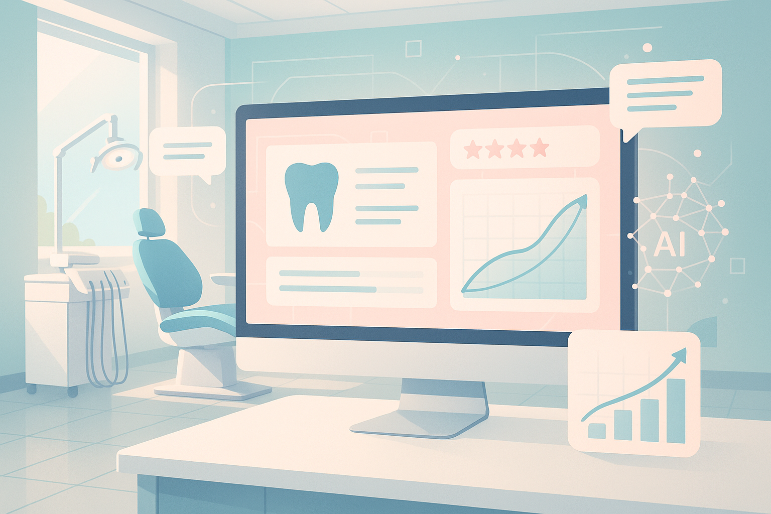 Modern dental clinic with digital dashboard, data charts, and AI neural network patterns.