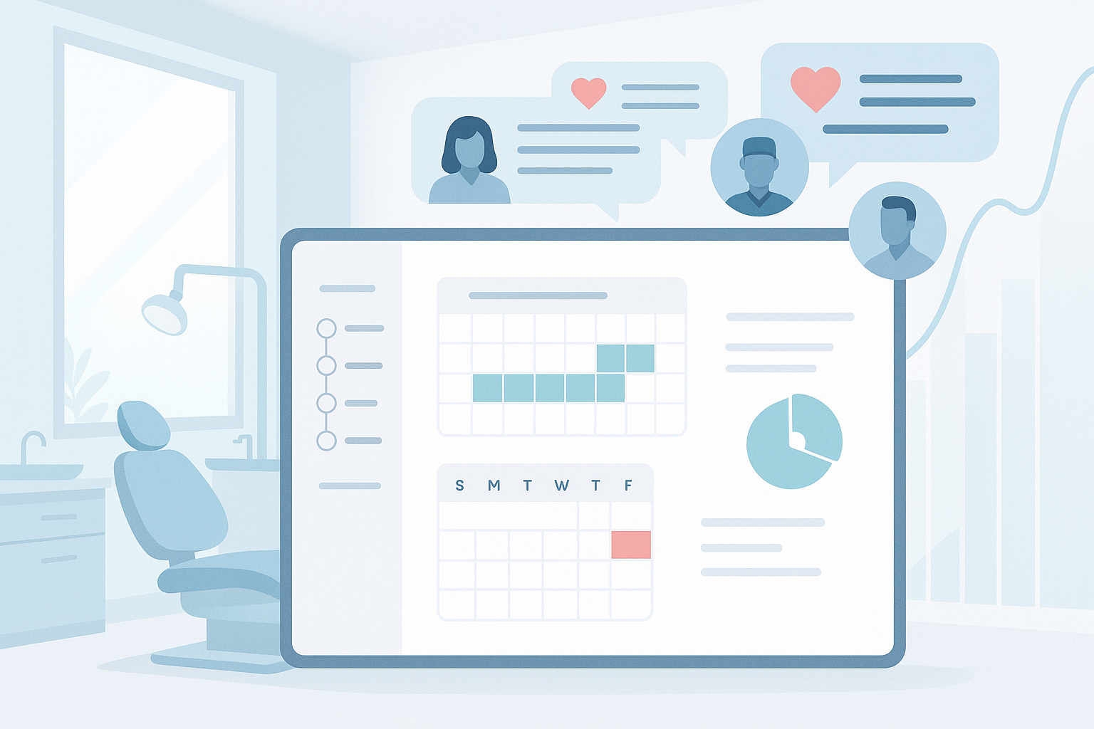 Modern dental clinic with digital dashboard, floating testimonials, and abstract growth charts in clinical tones.