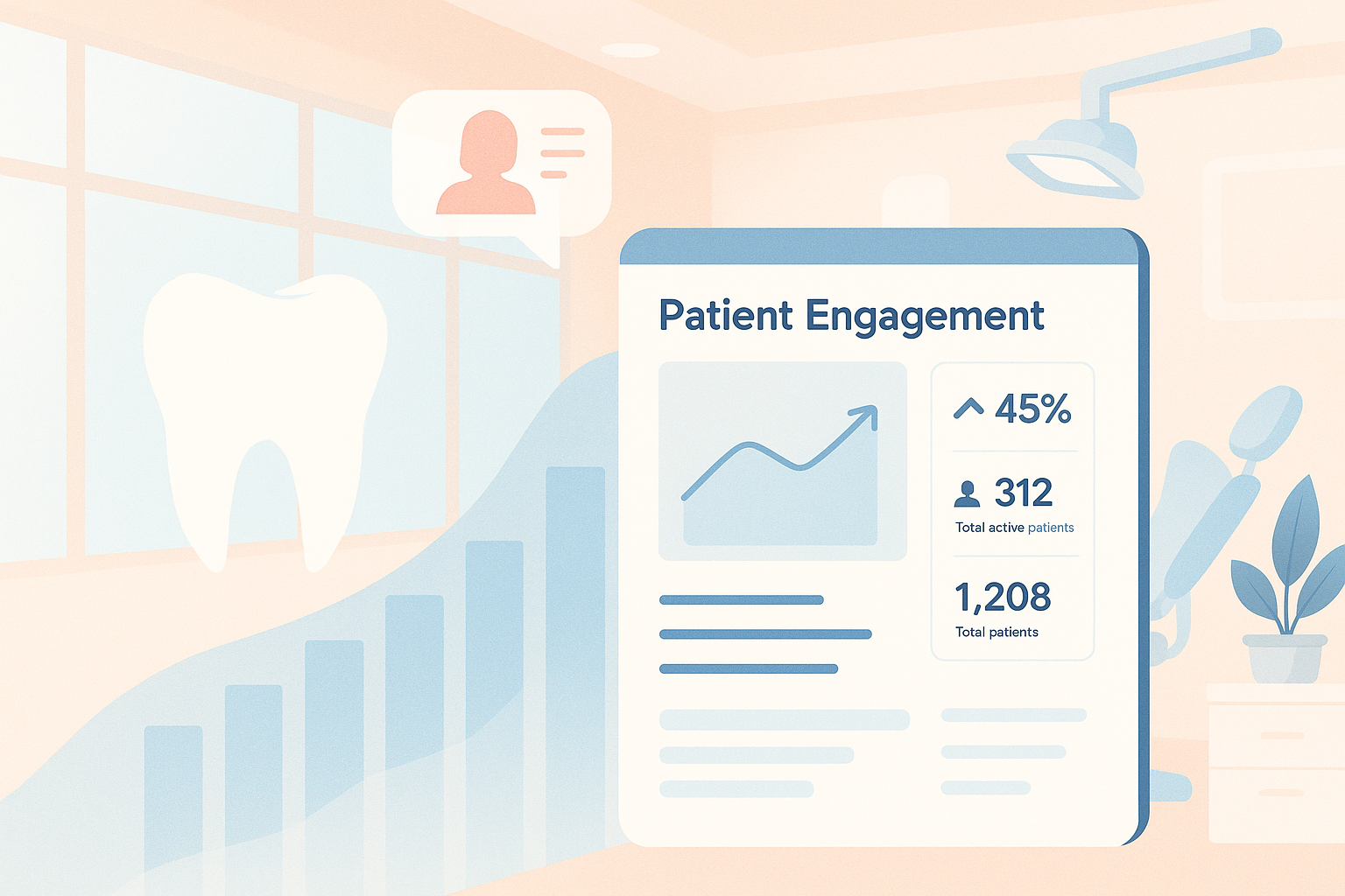Modern dental clinic with digital dashboard, growth charts, and floating testimonial bubbles.