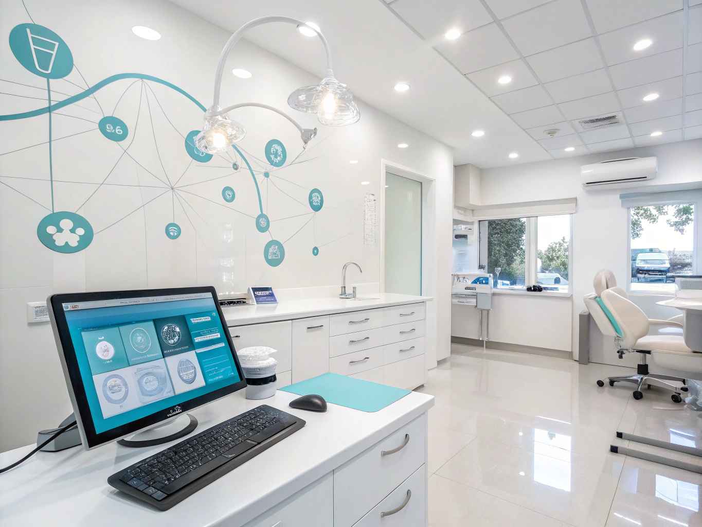 Modern dental clinic with digital dashboard, growth charts, testimonials, and SEO-themed abstract elements.