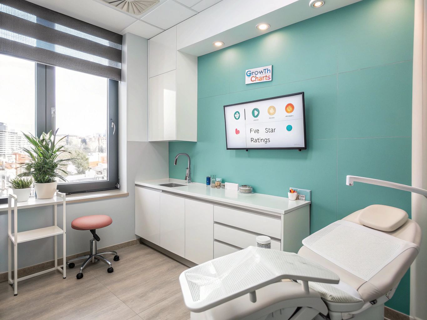 Modern dental clinic with digital dashboard, growth charts, star ratings, and testimonial bubbles.