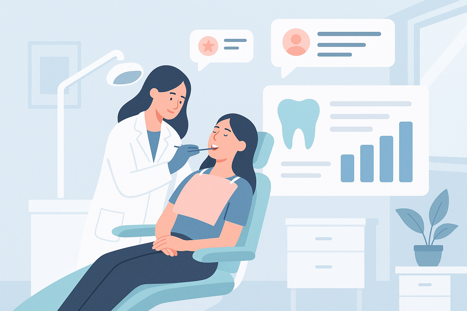 Modern dental clinic with digital dashboard, growth charts, and testimonial bubbles in bright, clean setting.