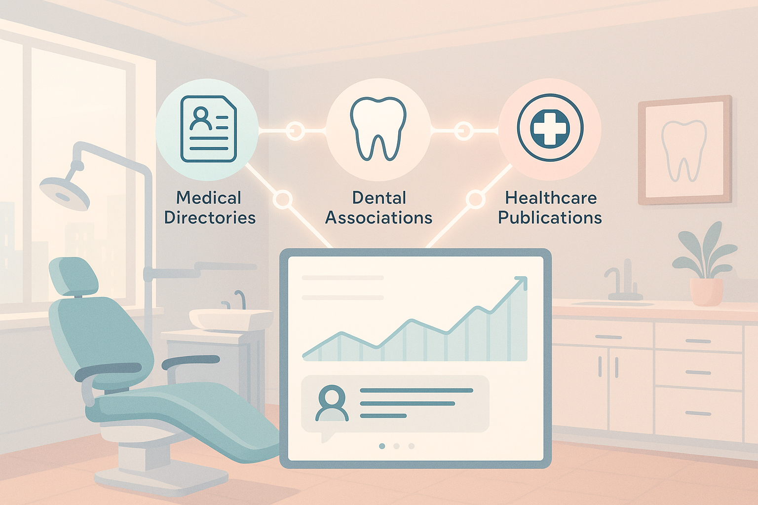 Modern dental clinic with digital dashboard, icons, glowing links, and growth charts illustrating digital connections.