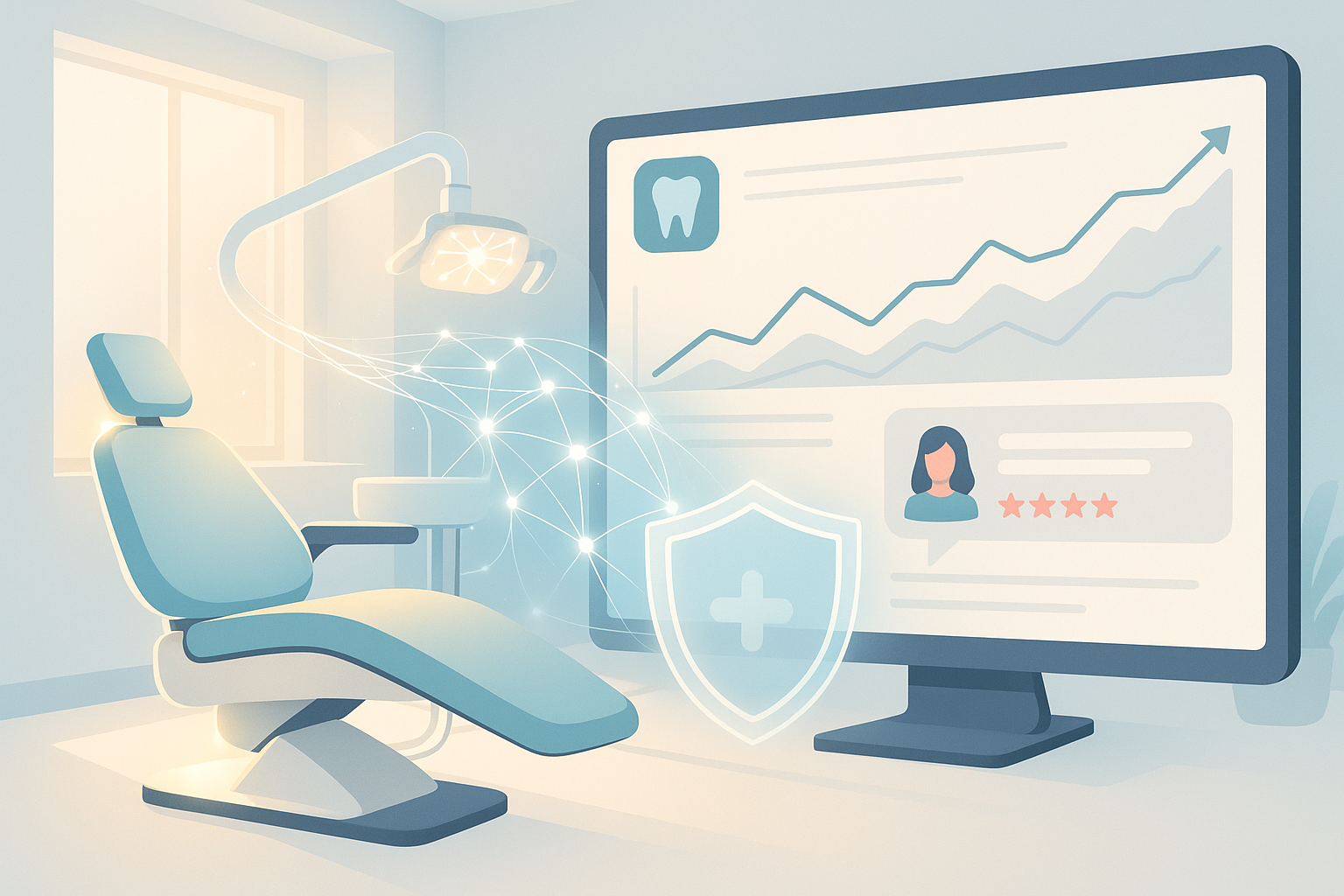 Modern dental clinic with digital dashboard, neural network lines, dental chair, and trust shield.