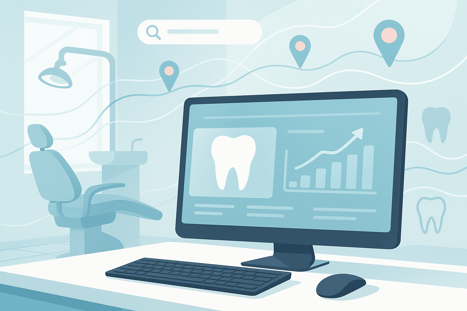 Modern dental clinic with digital workspace, data flow, search bars, map pins, and tooth icons.