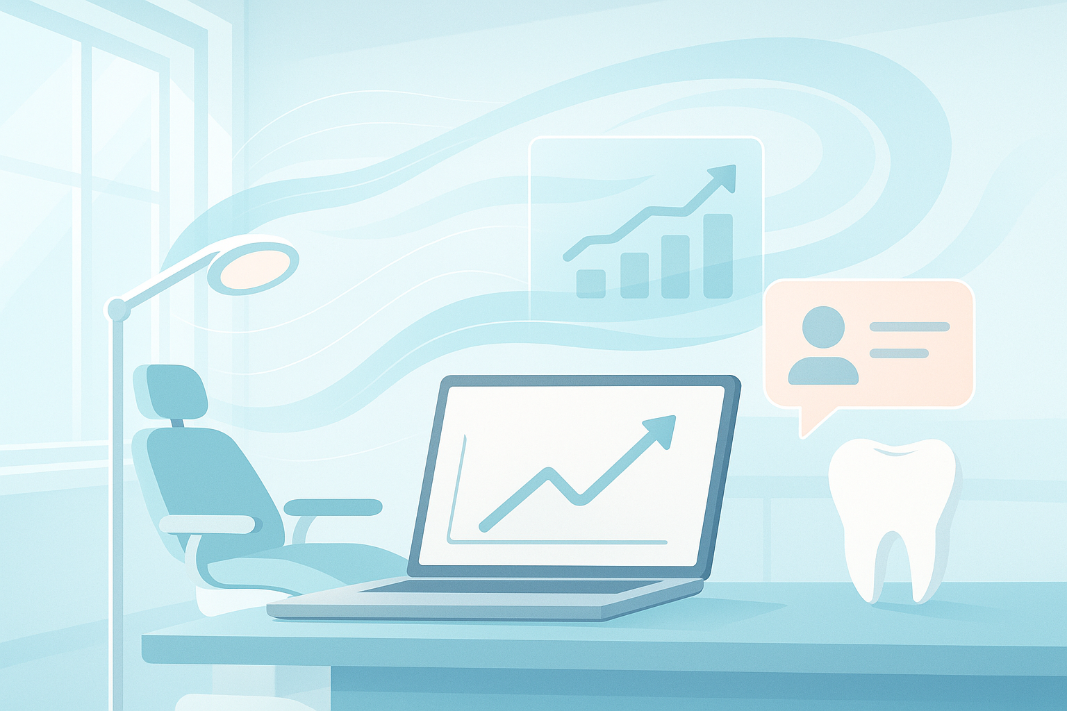 Modern dental clinic with digital workspace, data streams, growth charts, and testimonial bubbles.