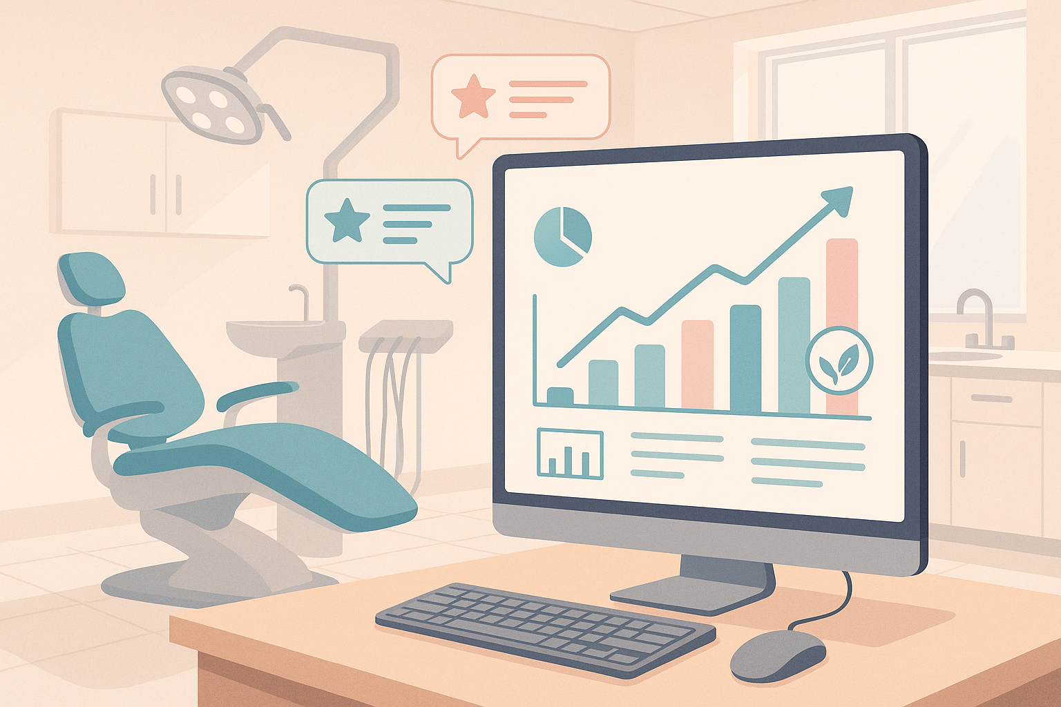 Modern dental clinic with digital workspace, growth charts, testimonial bubbles, and soothing colors.