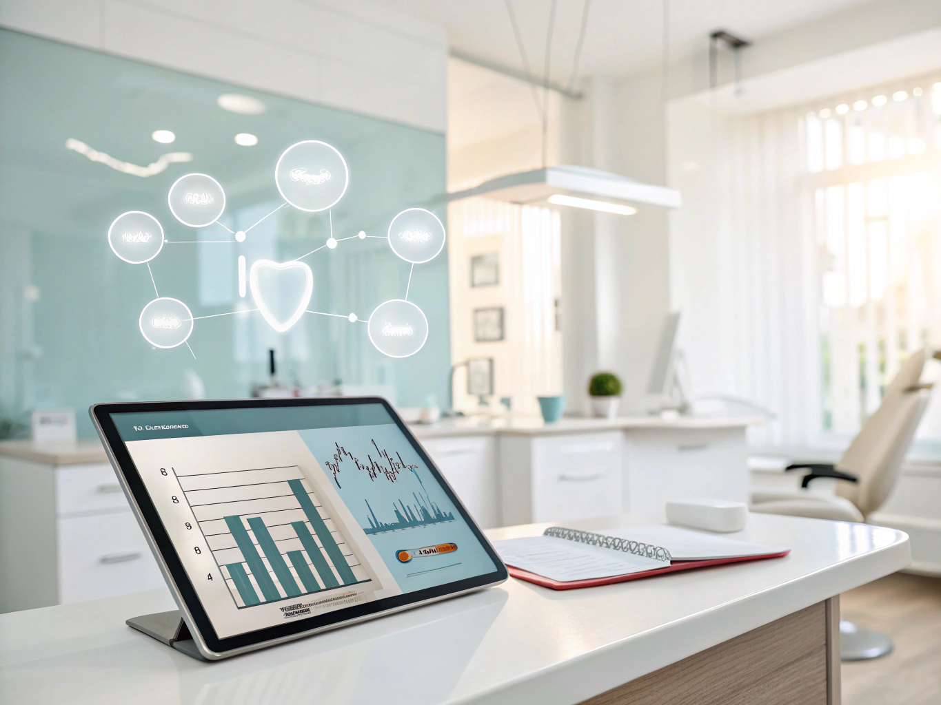Modern dental clinic with digital workspace, growth charts, and patient interactions in bright, clinical tones.