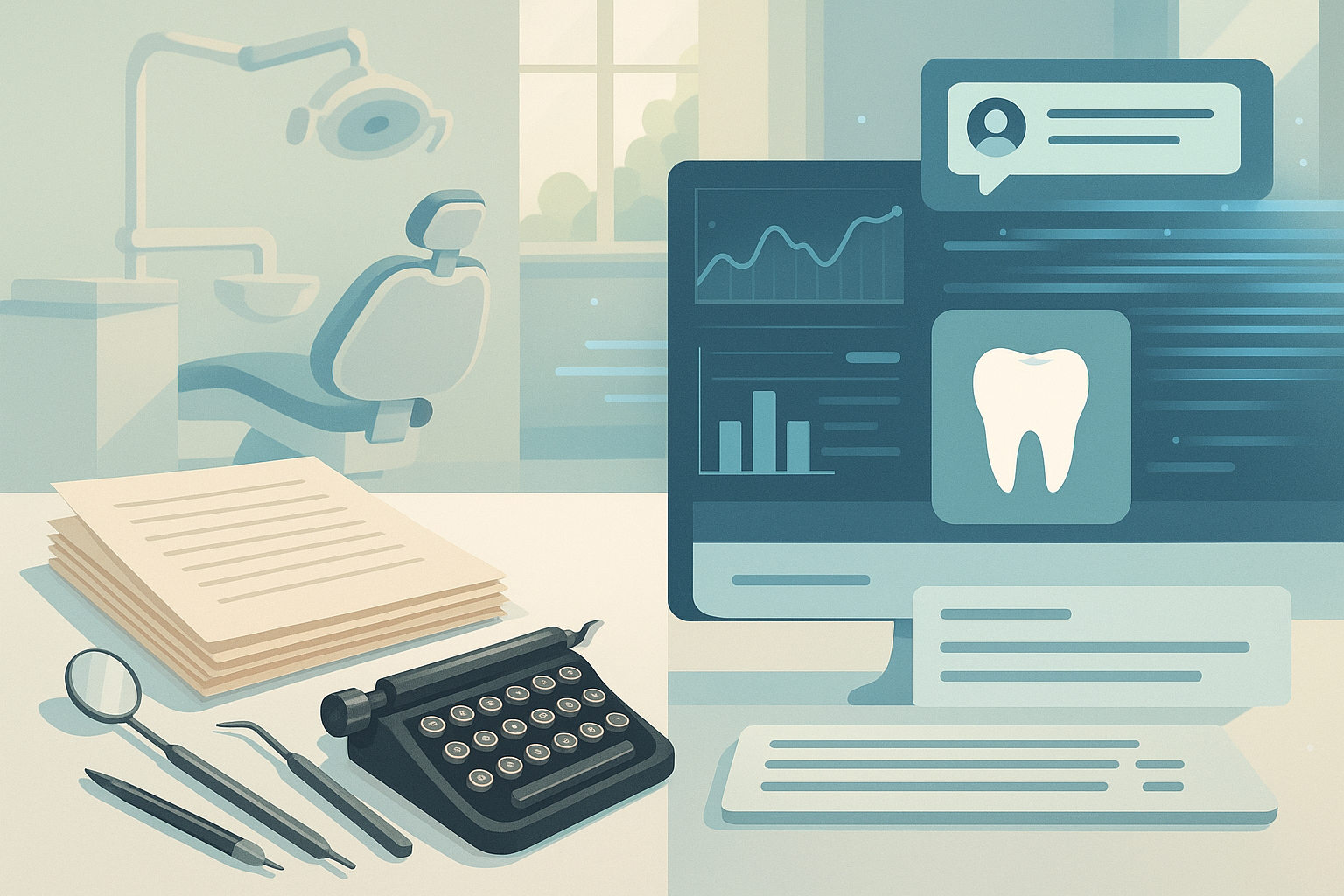 Modern dental clinic with traditional tools on one side and digital dashboards on the other.
