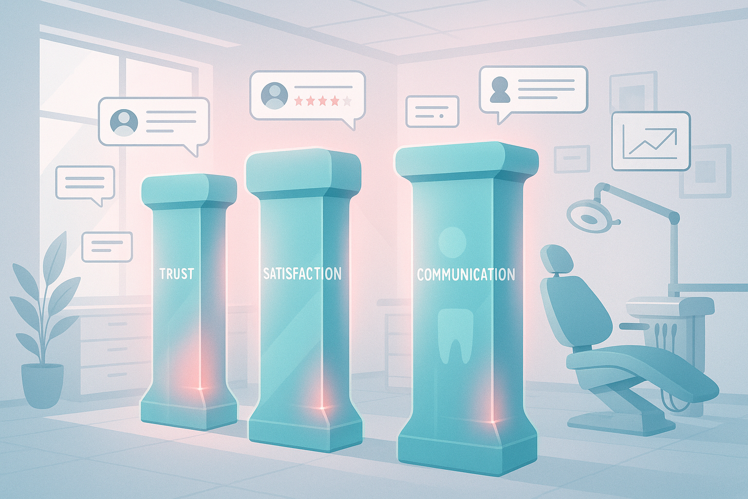 Modern dental clinic with translucent blue pillars, testimonial bubbles, growth charts, and digital interface elements.