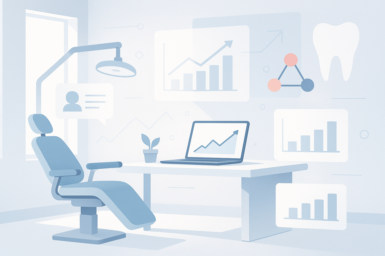Modern dental clinic workspace with charts, geometric shapes, testimonial bubbles, and digital graphs.