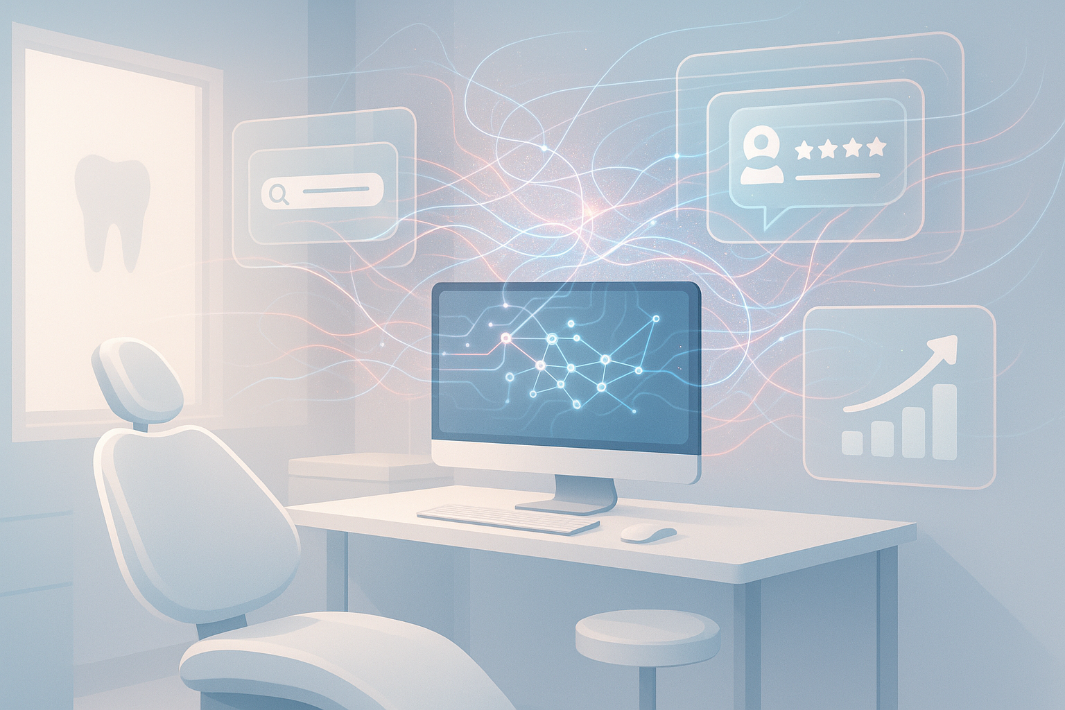 Modern dental clinic workspace with data streams, AI neural patterns, and growth charts.