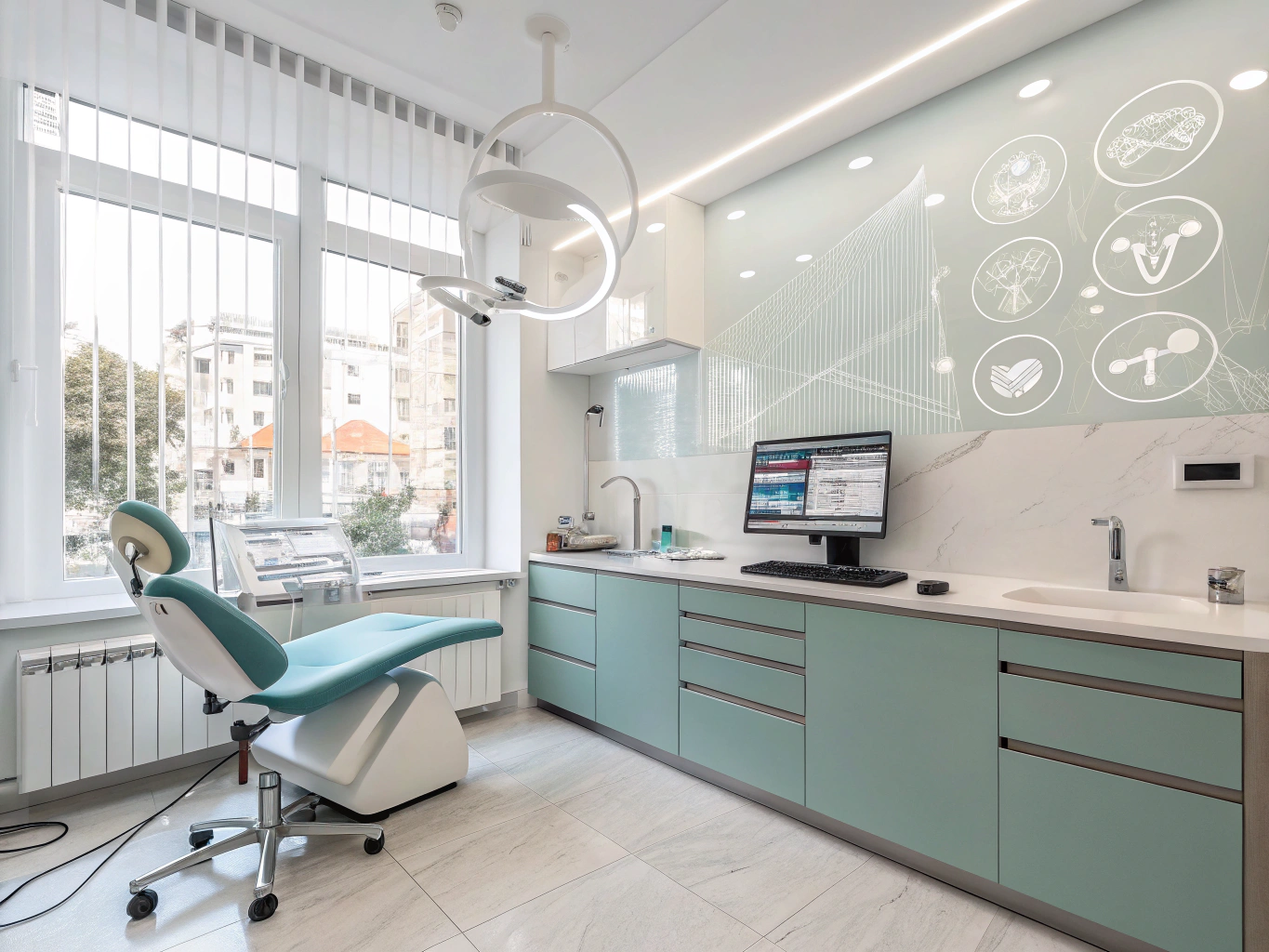 Modern dental clinic workspace with digital charts, testimonial bubbles, and sleek dashboard.
