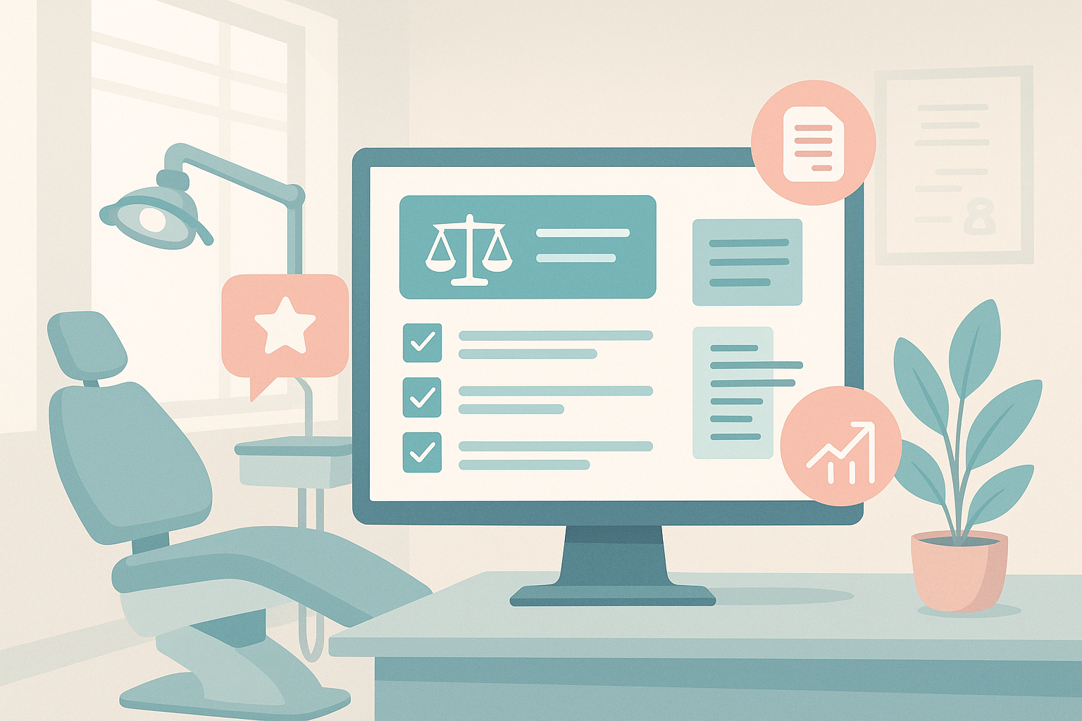 Modern dental clinic workspace with digital dashboard, legal icons, testimonial bubbles, and growth charts.