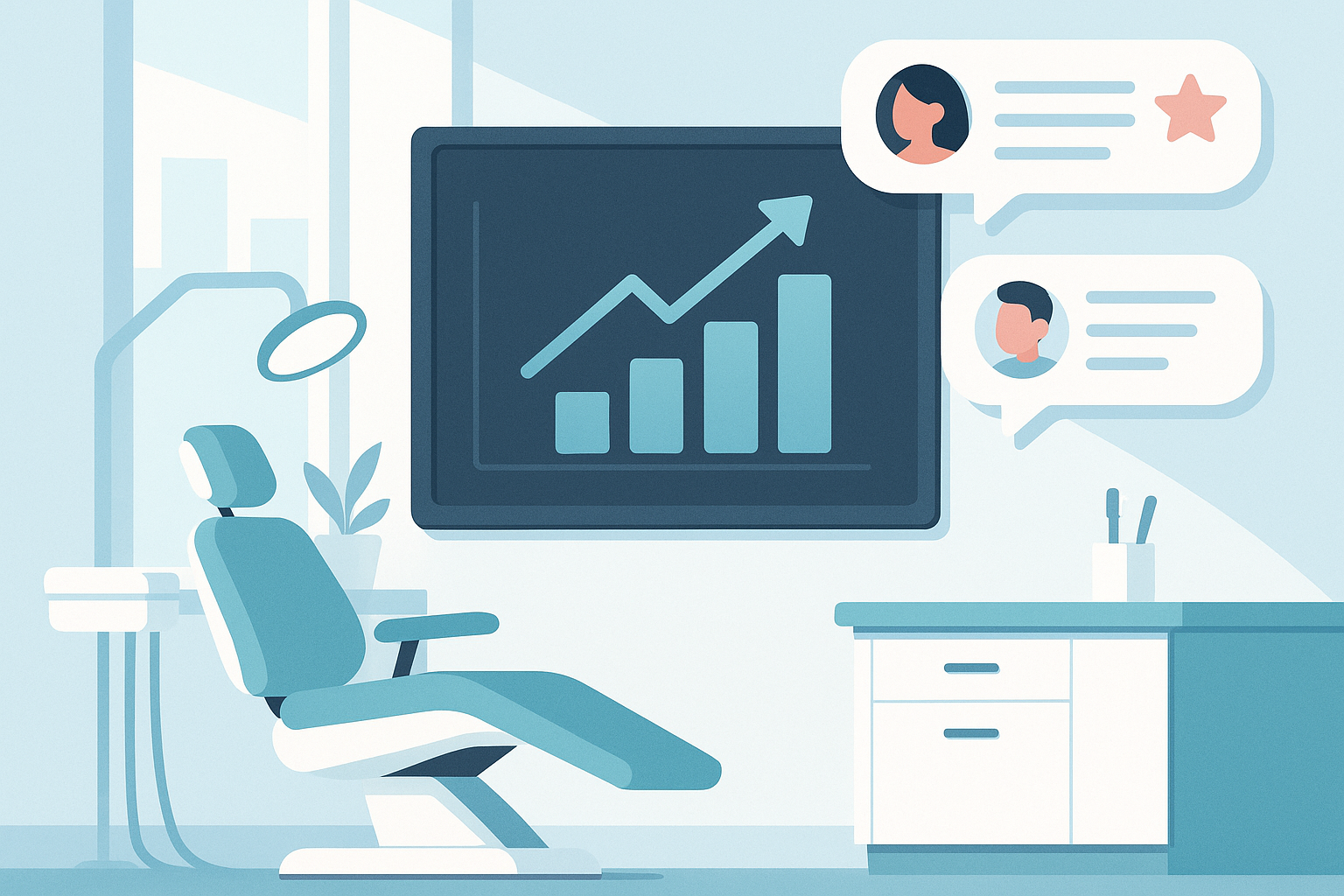 Modern dental clinic workspace with digital dashboard, testimonial bubbles, and organized, friendly atmosphere.