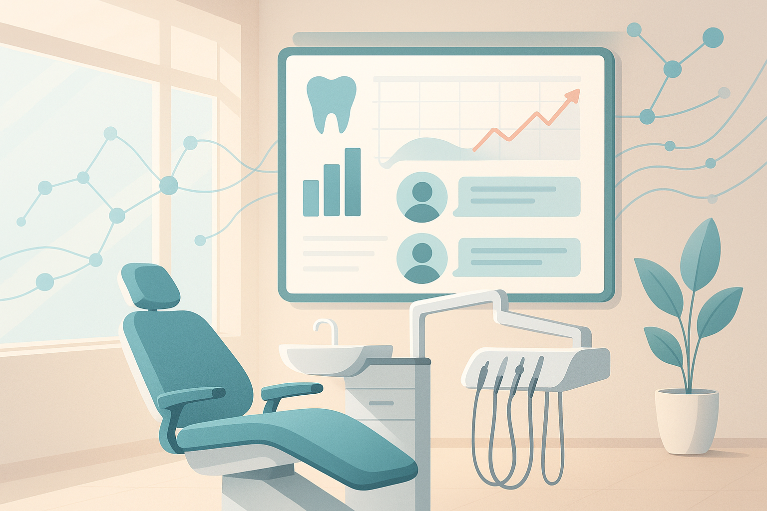Modern dental clinic workspace with digital dashboard, growth charts, and abstract strategic elements.