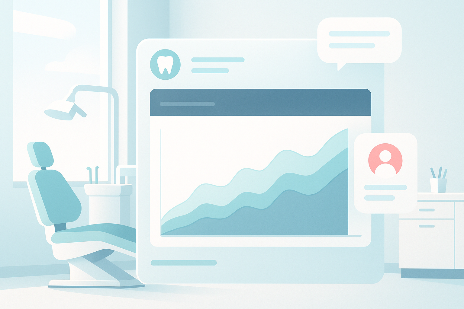 Modern dental clinic workspace with digital dashboard, growth charts, and testimonial bubbles.
