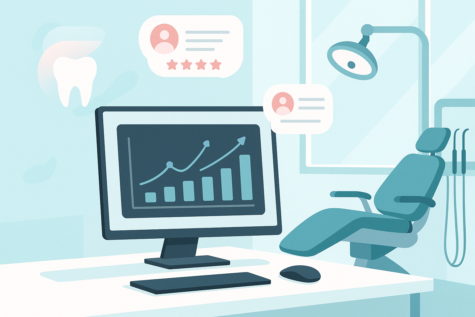 Modern dental clinic workspace with digital dashboard, testimonial bubbles, and clinical tones.