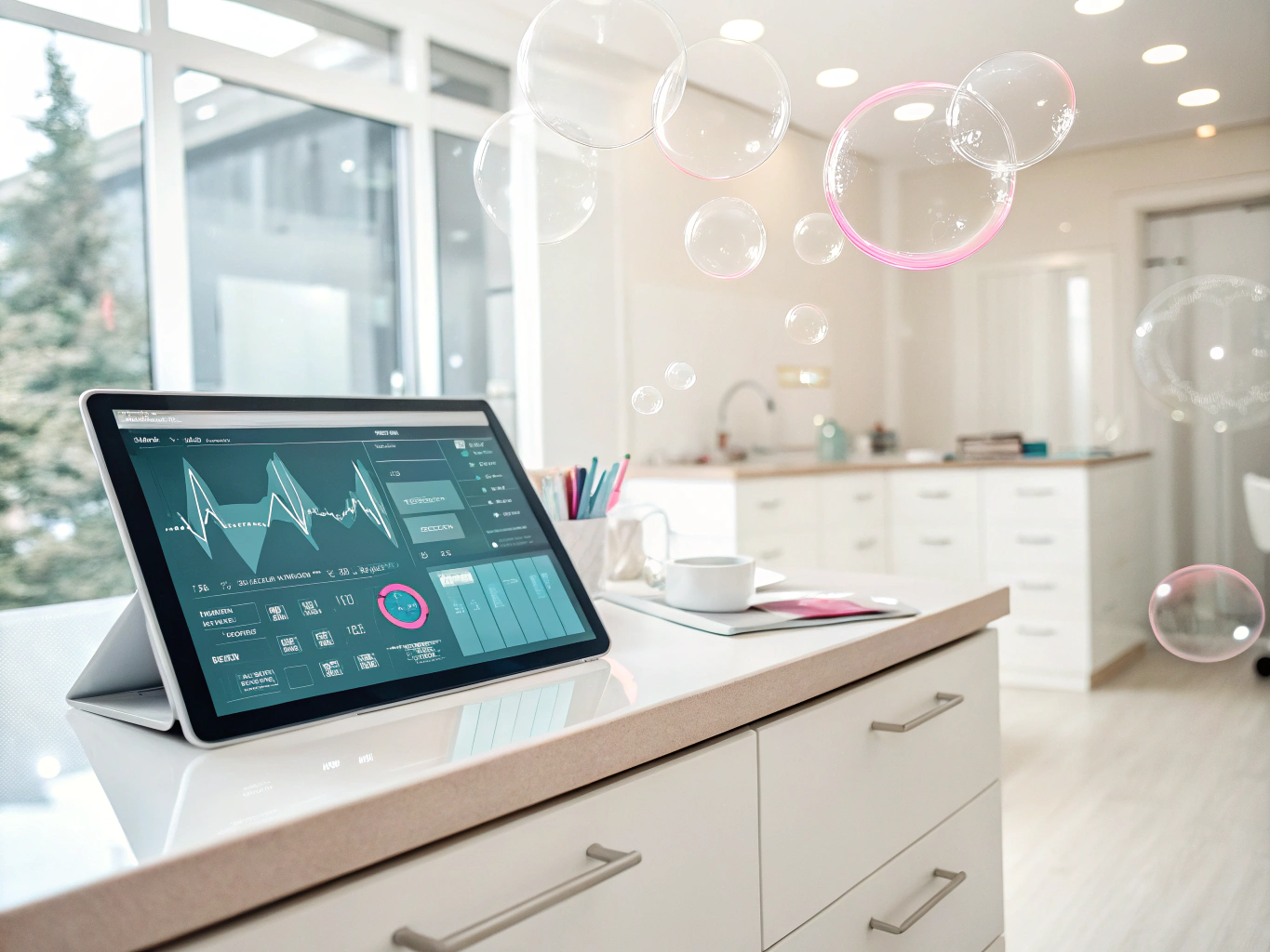 Modern dental clinic workspace with digital dashboard, testimonial bubbles, and warm accents.