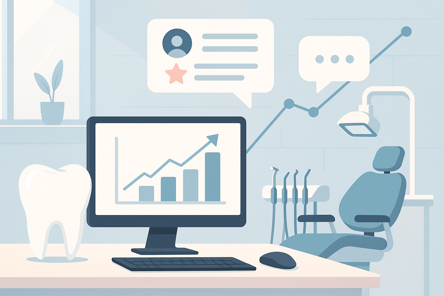 Modern dental clinic workspace with digital growth charts and testimonial bubbles in bright, clinical tones.