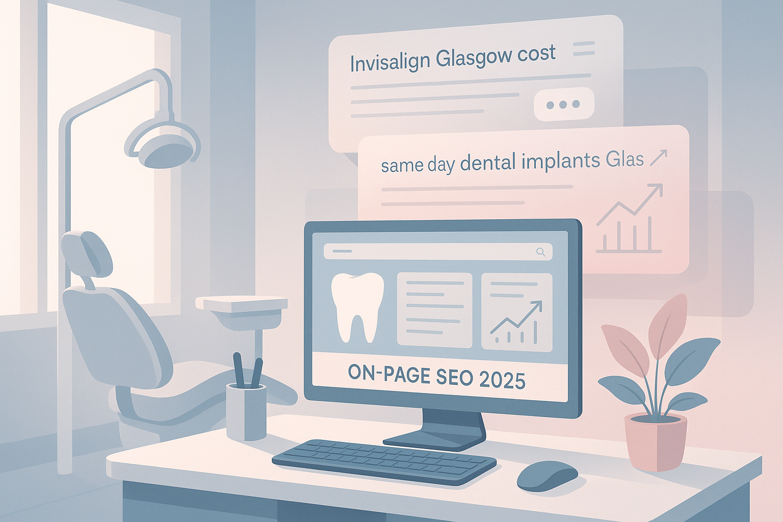 Modern dental clinic workspace with floating SEO-related pages and growth charts in bright light.